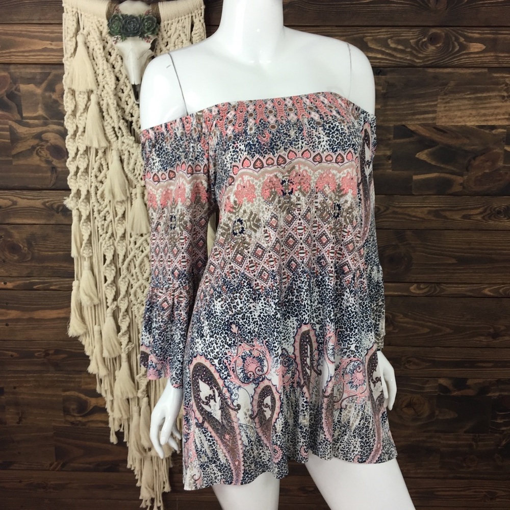 Paisley Off Shoulder Dress Bell Sleeves